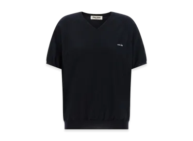 MIU MIU Women's Logo Intarsia Short Sleeve Sweater "Dark Blue"