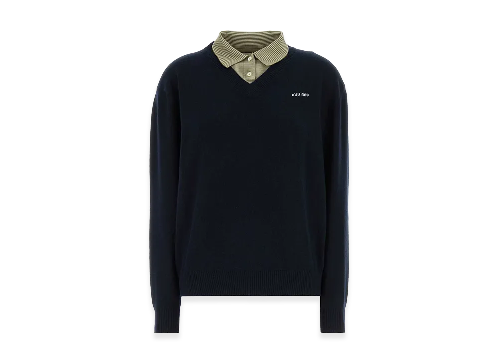 MIU MIU Women's Wool Blend Polo Shirt "Navy Blue"