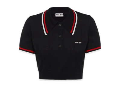 MIU MIU Women's Silk Cotton Knit Polo Shirt "Black"