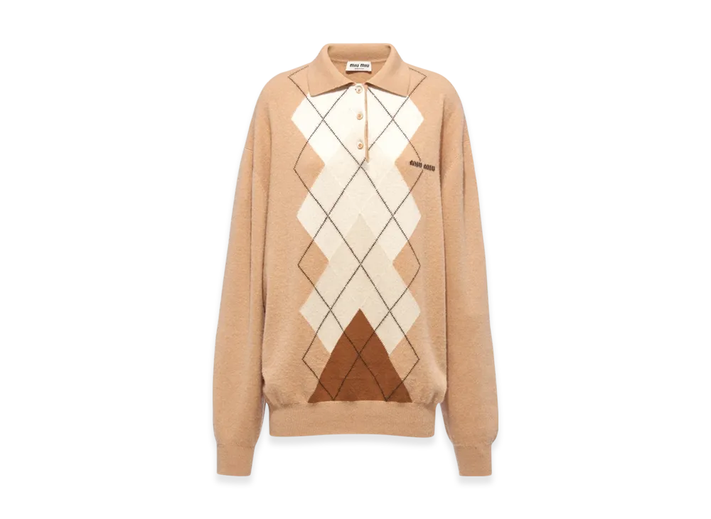 MIU MIU Women's Intarsia Cashmere Polo Shirt "Camel Brown"