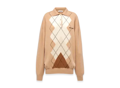 MIU MIU Women's Intarsia Cashmere Polo Shirt "Camel Brown"