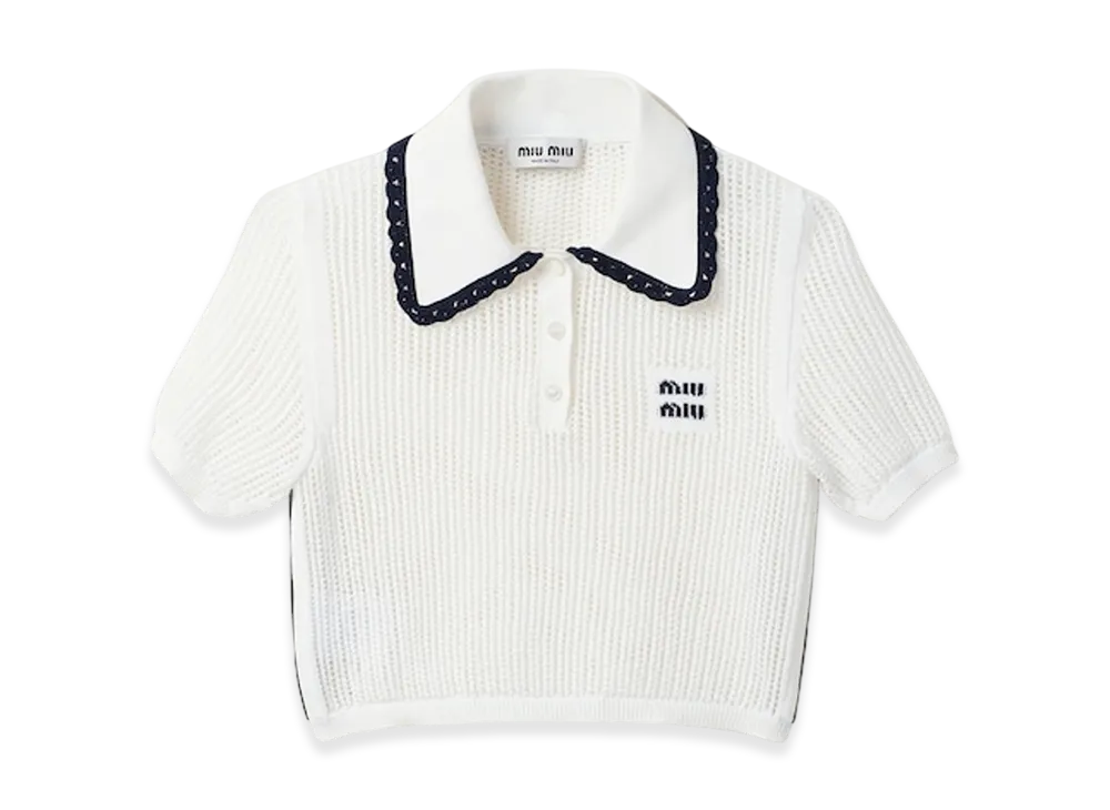 MIU MIU Women's Knit Cotton Polo Shirt "White/Blue"
