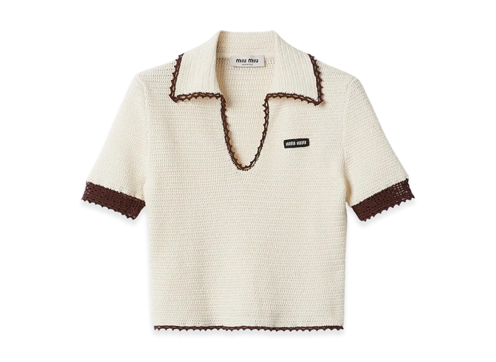 MIU MIU Women's Crocheted Cotton Polo Shirt "Ivory/Cocoa Brown"
