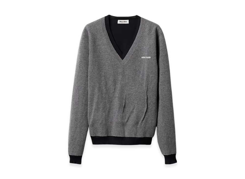 MIU MIU Women's Silk and Cashmere V-Neck Sweater "Grey/Blue"