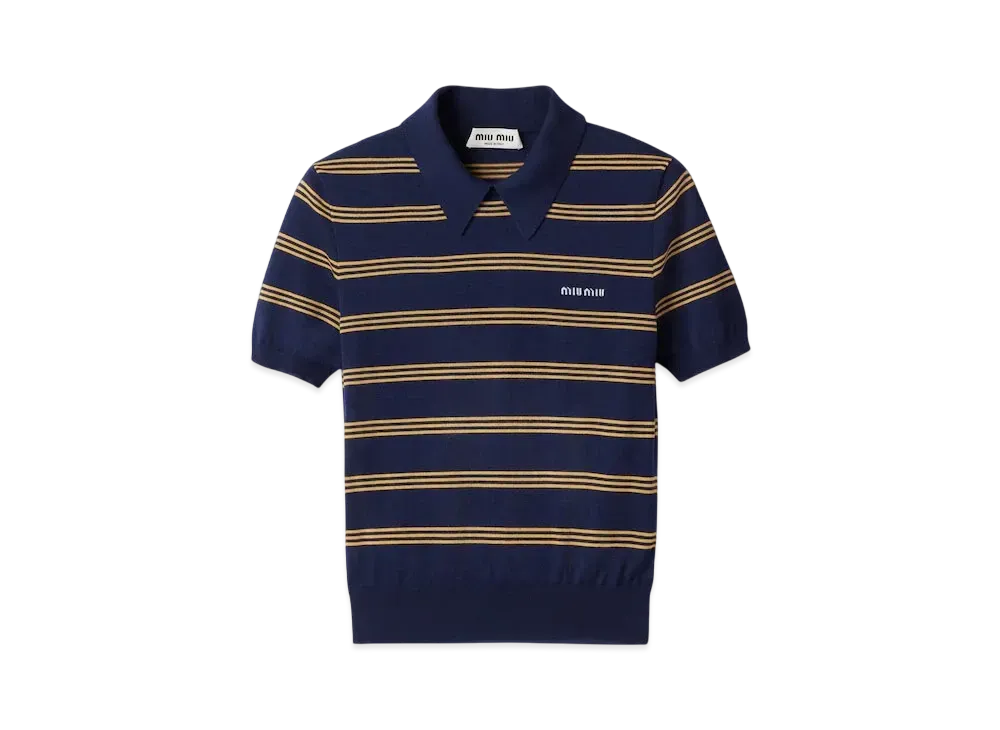 MIUMIU Women's Striped Cashmere and Silk Polo Sweater "Navy"