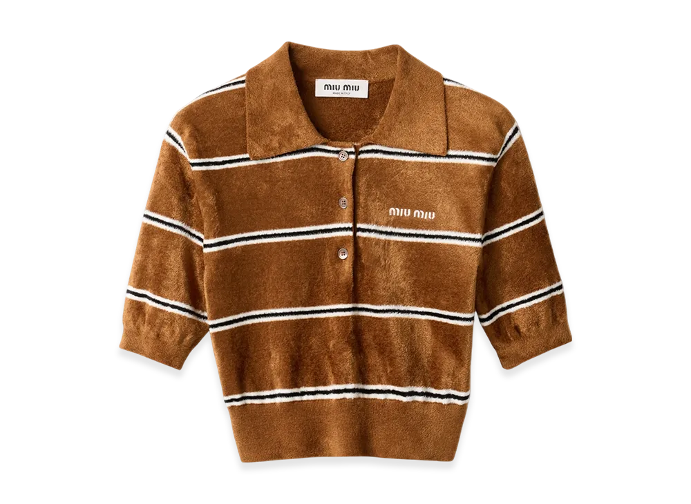 MIU MIU Striped Viscose Polo Shirt "Tobacco/Ivory"