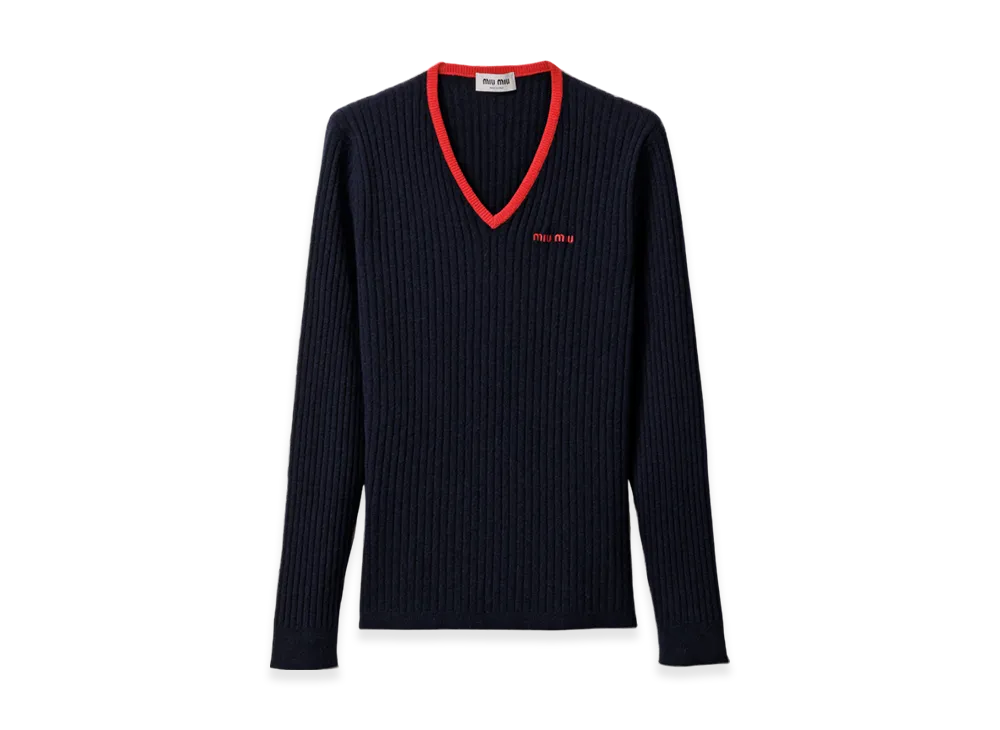 MIU MIU Women's V-Neck Cashmere Sweater "Blue/Red"
