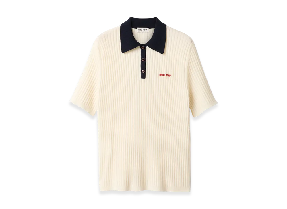 MIU MIU Women's Rib Cashmere Polo Shirt "Natural/Blue"