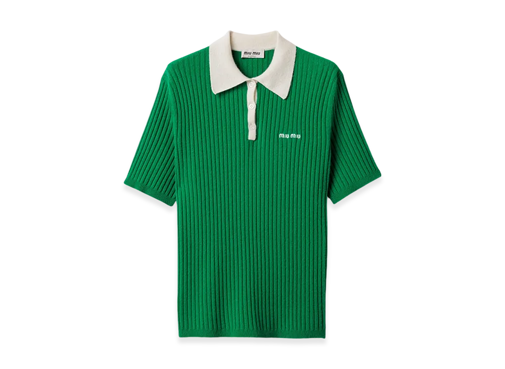MIU MIU Women's Ribbed Cashmere Polo Shirt "Lawn Green/Natural"