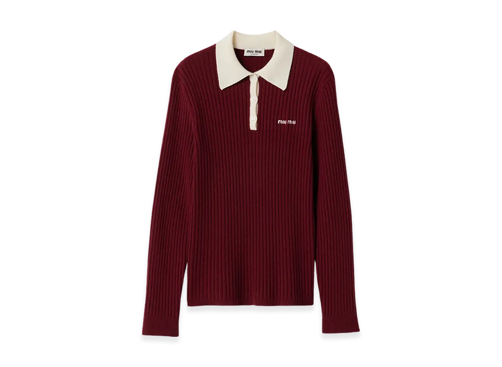 MIU MIU Women's Ribbed Cashmere Polo Shirt "Amaranth/Natural"