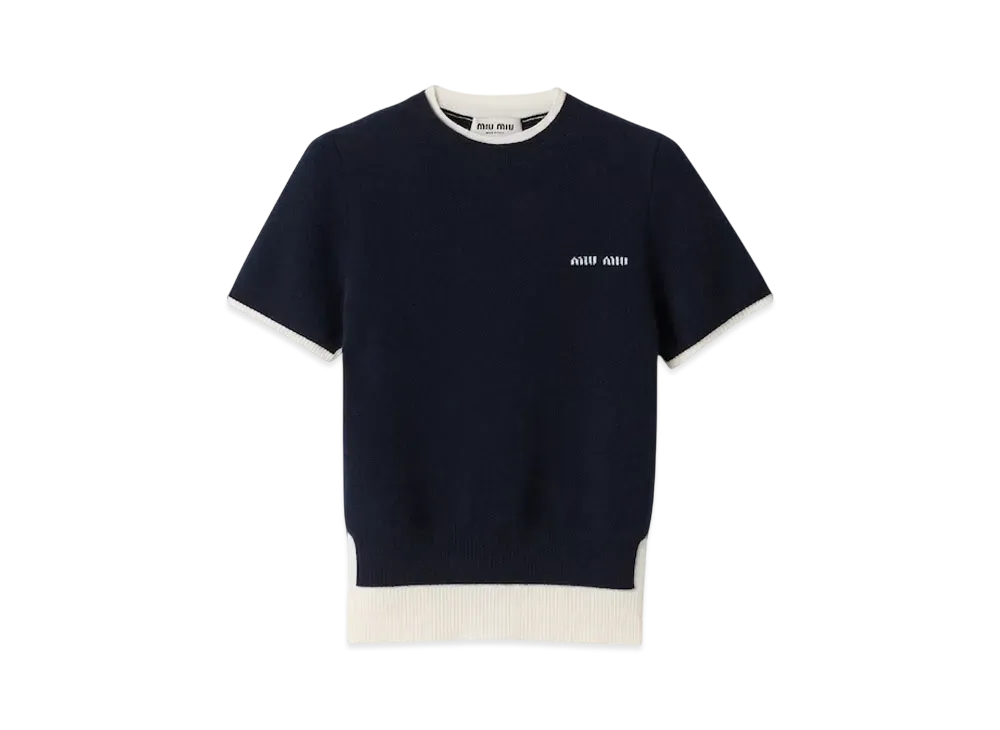 MIUMIU Women's Cashmere and Wool Crew-Neck Sweater "Navy/White"