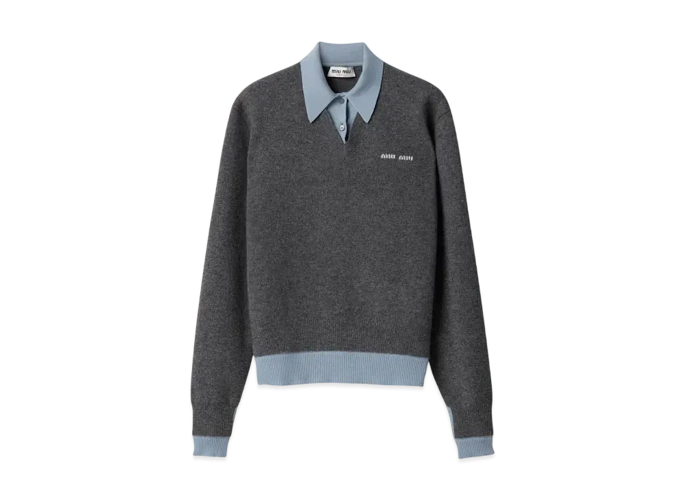 MIUMIU Women's Cashmere and Wool Polo Sweater "Gray/Blue"