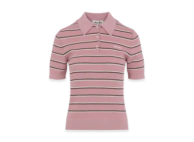 MIU MIU Women's Fine Knit Cotton Striped Polo Shirt "Rose"