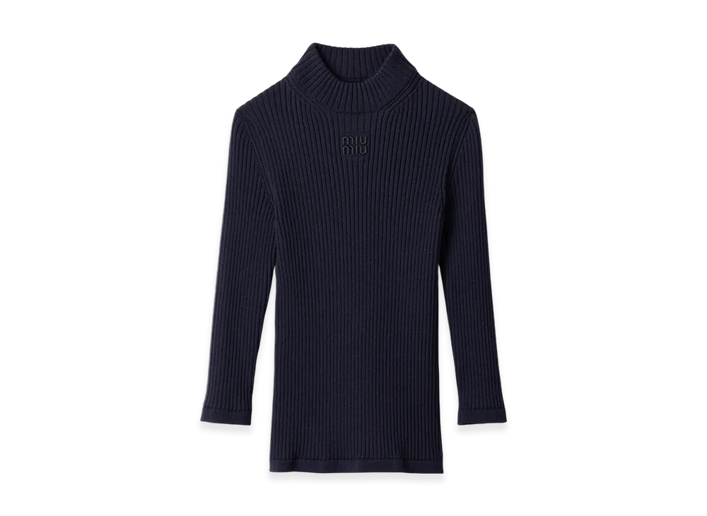 MIU MIU Women's Ribbed Knit Wool Turtleneck Sweater "Blue"