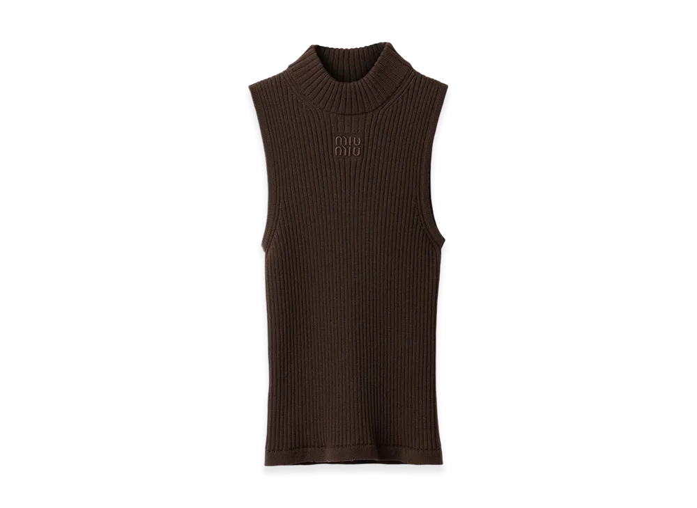 MIU MIU Women's Ribbed Knit Wool Turtleneck Top "Cocoa Brown"