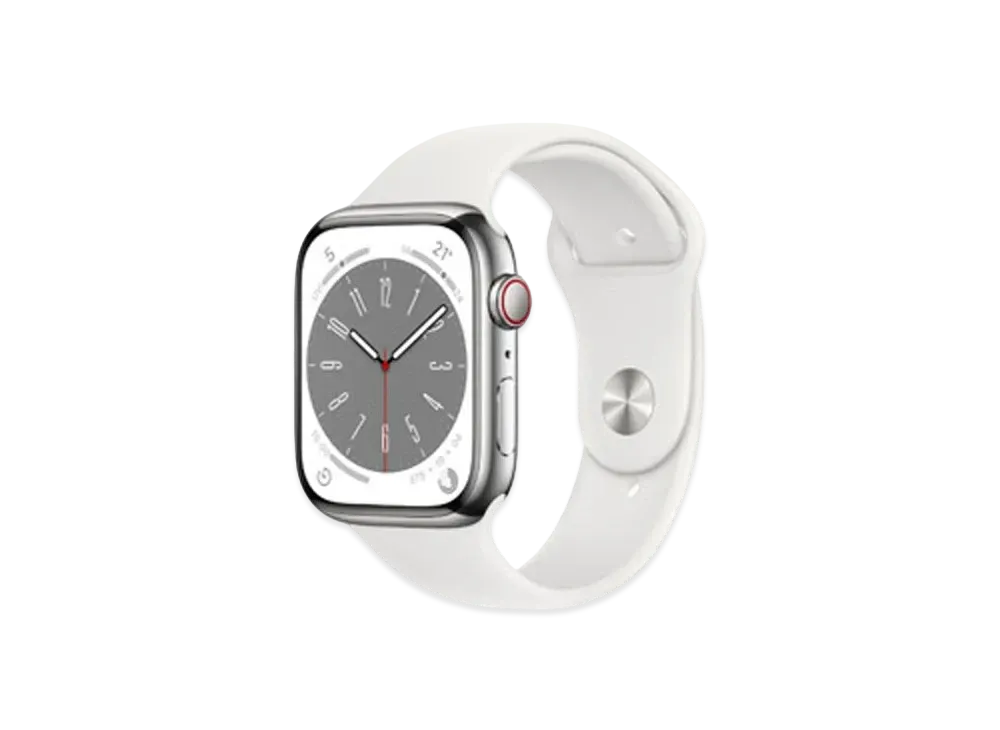 Apple Watch Series 8 (GPS + Cellular Model) 45mm Silver Stainless Steel Case White Sportsband Regular "White"