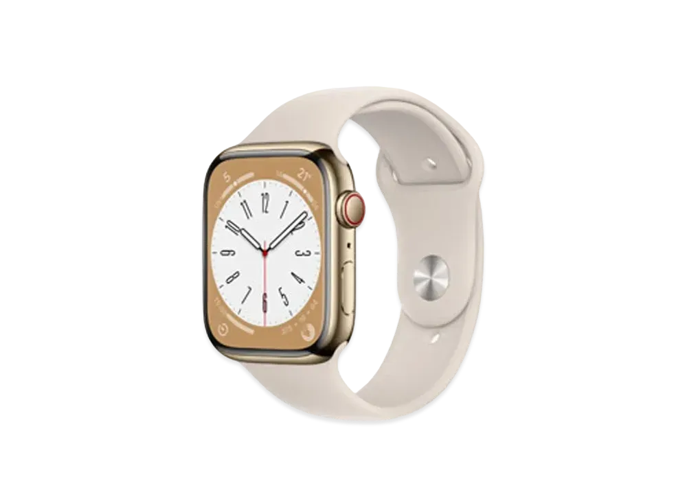 Apple Watch Series 8 (GPS + Cellular Model) 45mm Gold Stainless Steel Case Starlight Sportsband Regular "Silver"