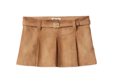 MIU MIU Women's Pleated Suede Skirt "Maple Brown"