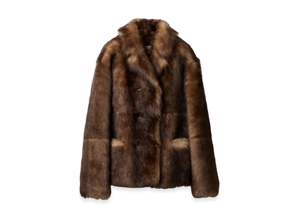 MIU MIU Women's Double-Breasted Shearling Jacket "Camel Brown"