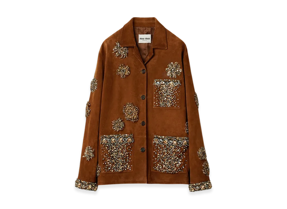 MIU MIU Women's Embroidered Suede Jacket "Hazelnut"