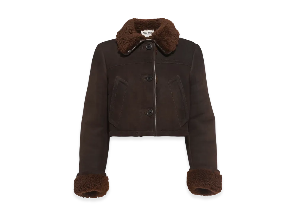 MIU MIU Women's Suede Shearling Cropped Jacket "Dark Brown/Tobacco"