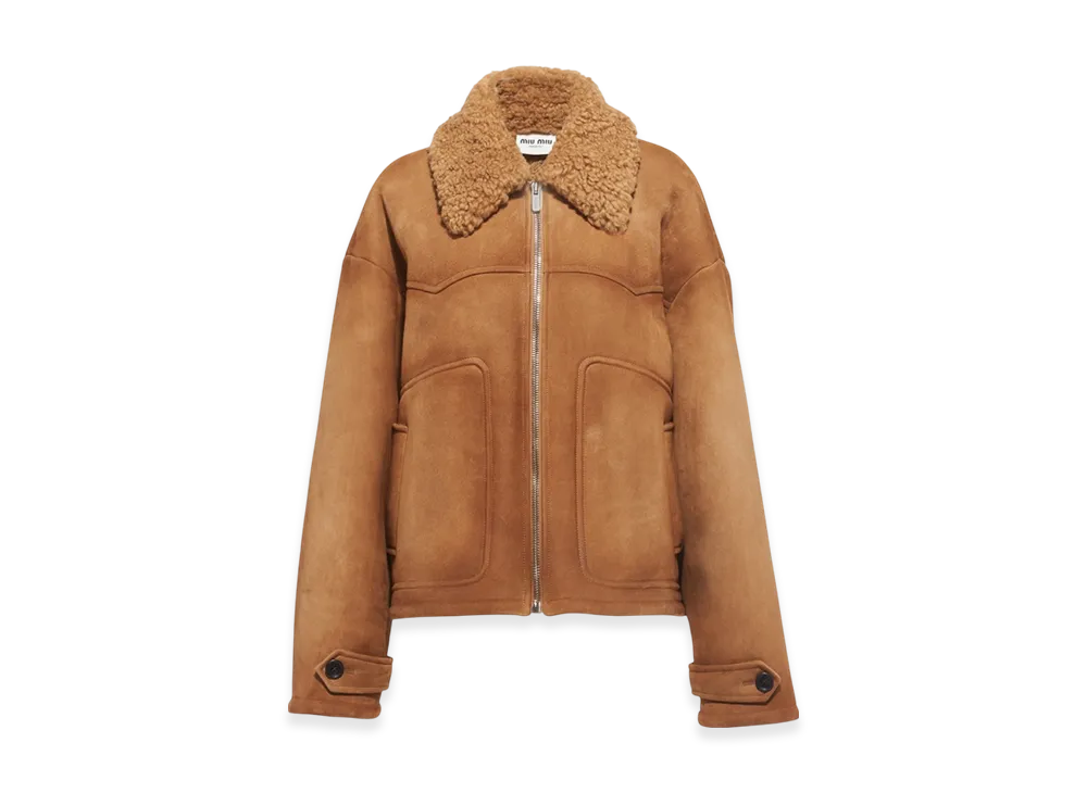 MIU MIU Women's Oversized Suede Shearling Jacket "Cork Beige"
