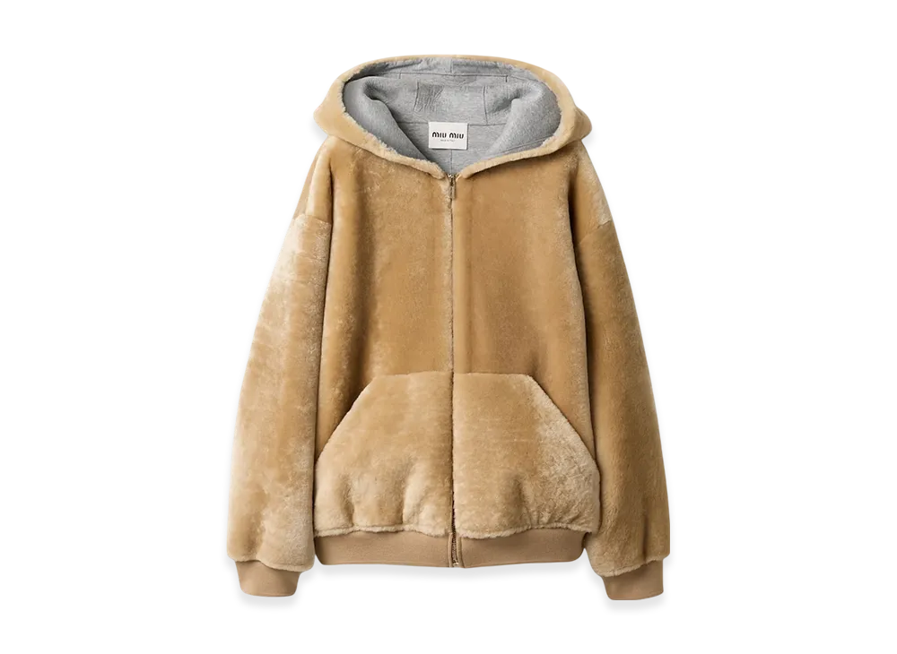 MIU MIU Women's Shearling Hooded Jacket "Camel Brown"