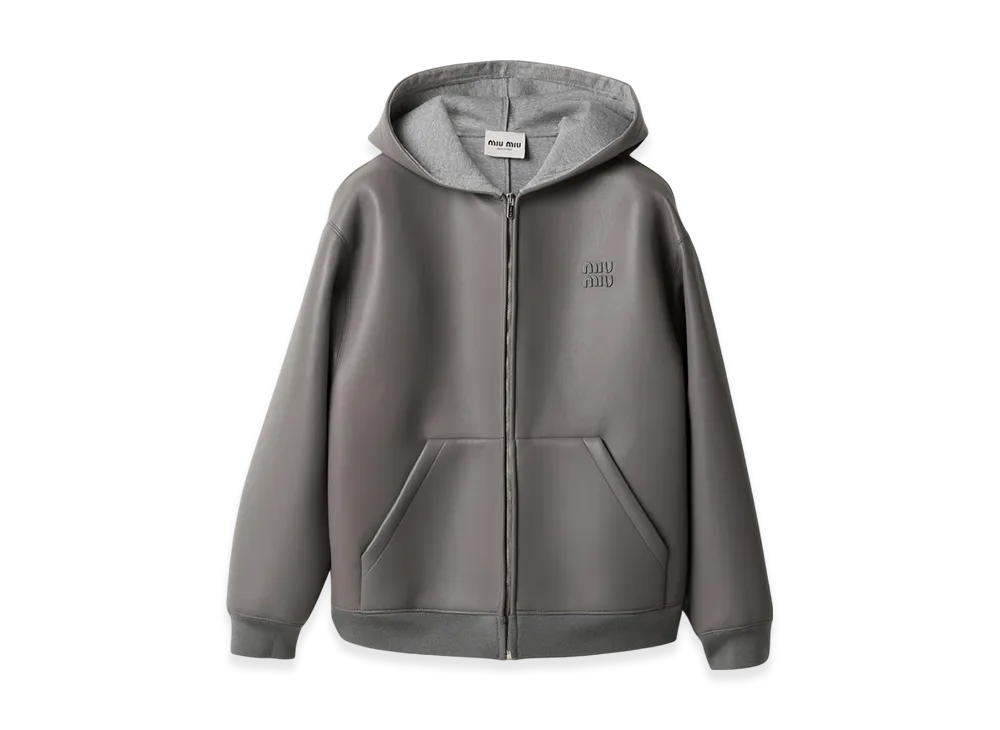 MIU MIU Women's Nappa Leather and Bonded Jersey Hoodie Jacket "Marble Gray"