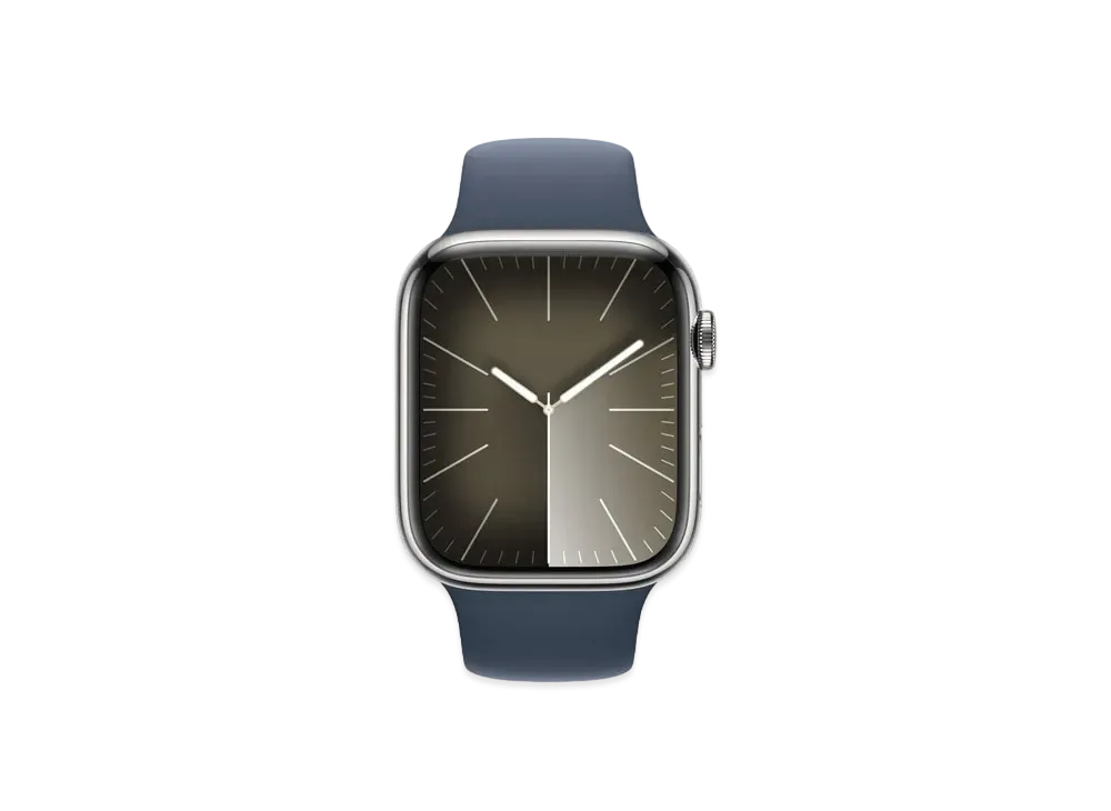 Apple Watch Series 9 (GPS + Cellular Model) 45mm Silver Stainless Steel Case Storm Blue Sportsband (M/L) "Blue" MRMP3J/A