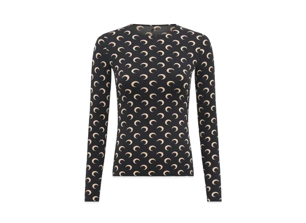 Marine Serre Recycled Moon Jersey Second Skin Crew Neck Top "Black"