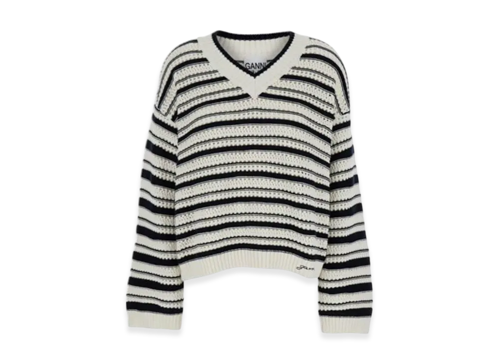 GANNI White And Black Stripe Sweater With V Neck "Multi Colour"