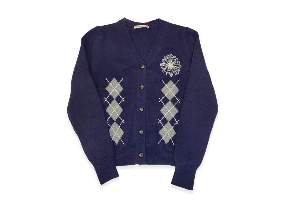 Mardi Mercredi Cashmere Blended Cardigan V Neck Argyle "Navy Cream"