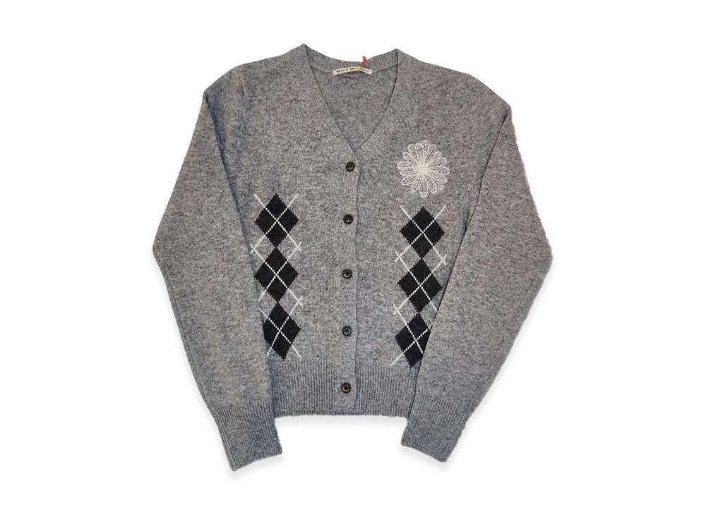 Mardi Mercredi Cashmere Blended Cardigan V Neck Argyle "Grey Cream"