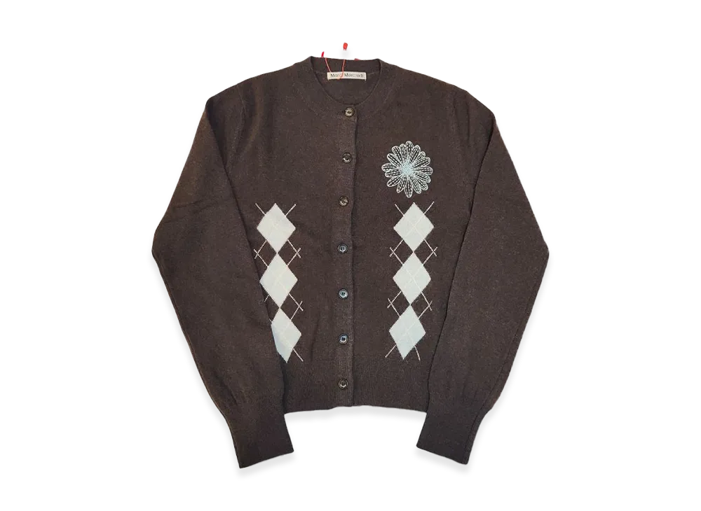 Mardi Mercredi Cashmere Blended Cardigan Round Neck Argyle "Brown Mint"