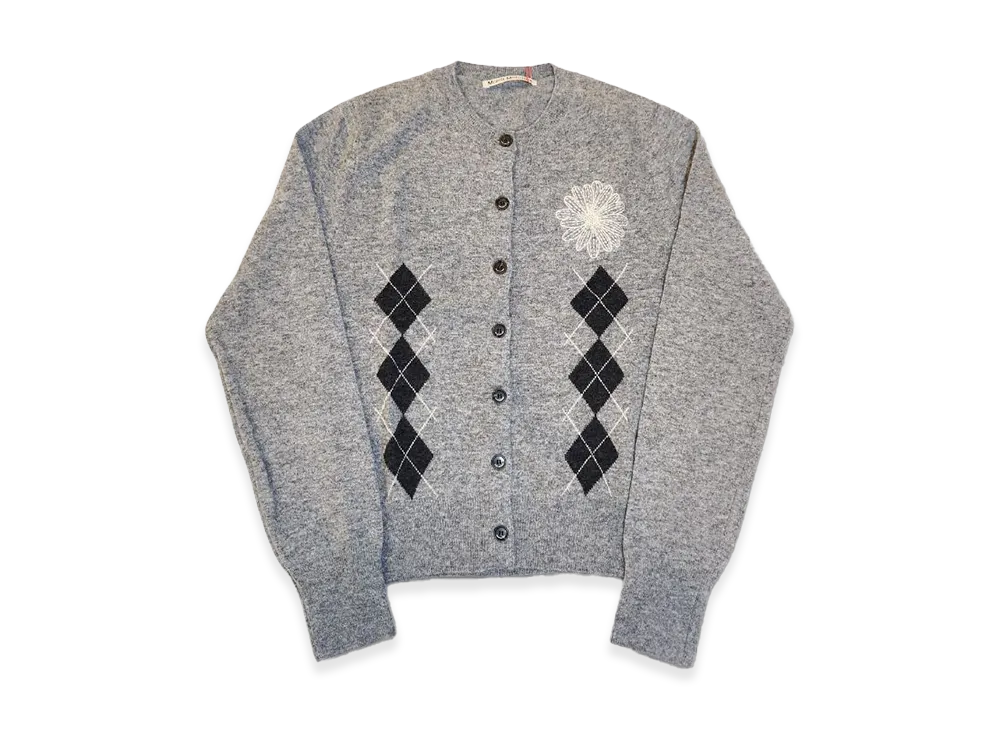 Mardi Mercredi Cashmere Blended Cardigan Round Neck Argyle "Grey Cream"