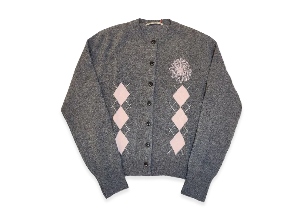 Mardi Mercredi Cashmere Blended Cardigan Round Neck Argyle "Deepgrey Pink"