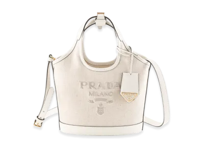 PRADA Linen Blend Leather Mini Buckle Bag "Beige/White"