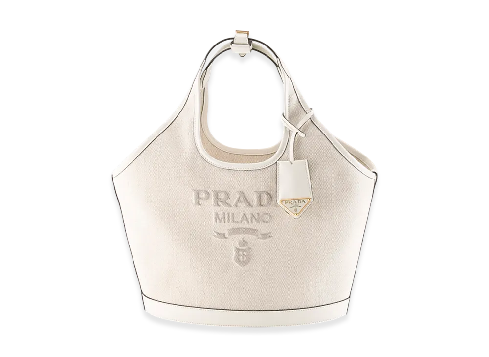 PRADA Linen Blend Leather MD Tote "Beige/White"