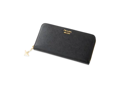 PRADA Saffiano Triangolo Metalharm Round Wallet "Black"