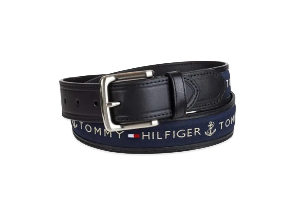 TOMMY HILFIGER Anchor Logo Ribbon Inlay Leather Belt "Black"