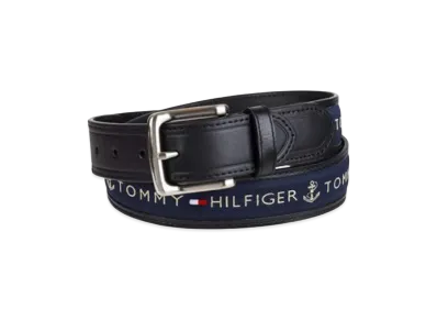 TOMMY HILFIGER Anchor Logo Ribbon Inlay Leather Belt "Black"
