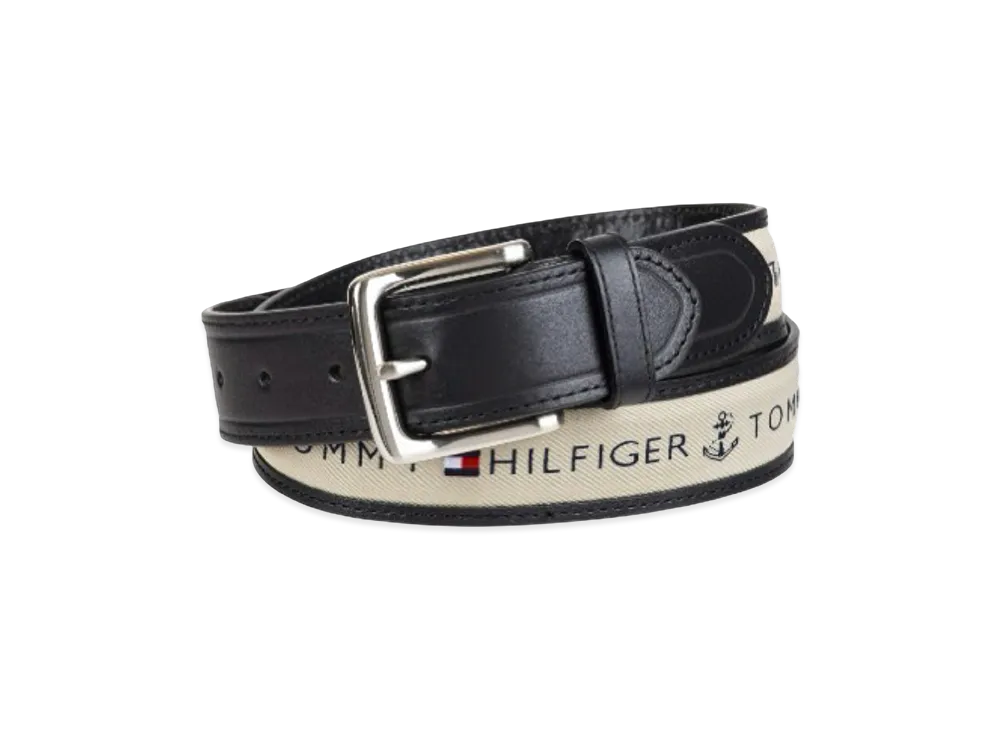 TOMMY HILFIGER Anchor Logo Ribbon Inlay Leather Belt "Natural"