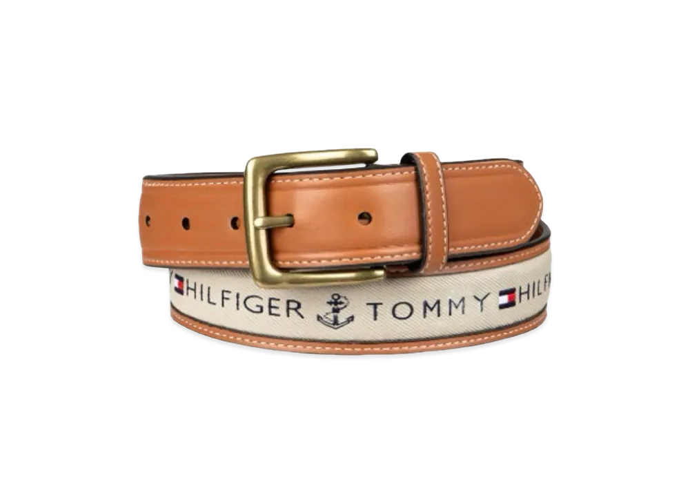 TOMMY HILFIGER Anchor Logo Ribbon Inlay Leather Belt "Khaki Stone"