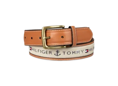 TOMMY HILFIGER Anchor Logo Ribbon Inlay Leather Belt "Khaki Stone"