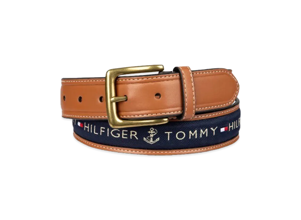 TOMMY HILFIGER Anchor Logo Ribbon Inlay Leather Belt "Navy"