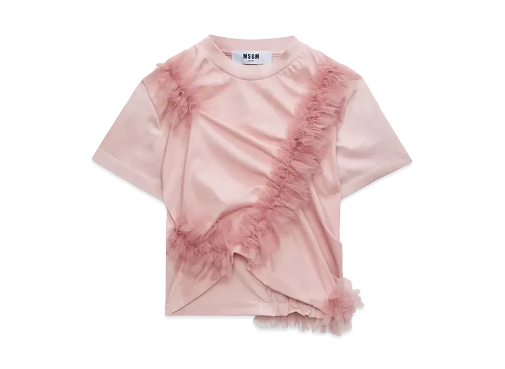 MSGM Crop-Top T-Shirt With Tulle Ruffles "Pink"