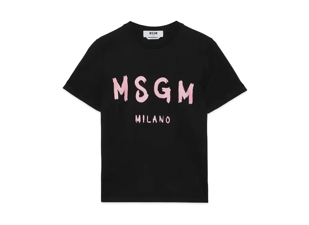 MSGM Black Jersey T-Shirt With Pink Brushstroke Logo "Black"