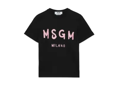 MSGM Black Jersey T-Shirt With Pink Brushstroke Logo "Black"