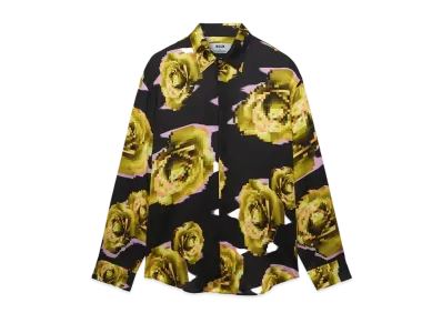 MSGM Satin Shirt With Underground Pixelled Roses Pattern "Navy"
