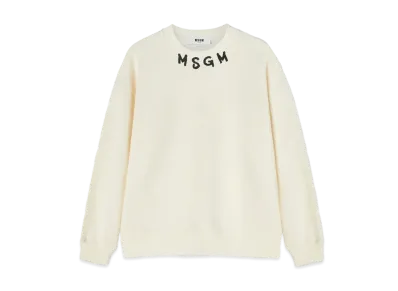 MSGM Cotton Crewneck Sweater Wth MSGM Brushstroke Logo Positioned At The Neck "White"